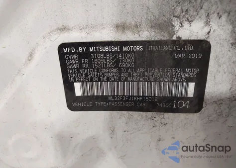 2019 Mitsubishi Mirage G4 Es from USA, damaged, VIN ML32F3FJ1KHF15012